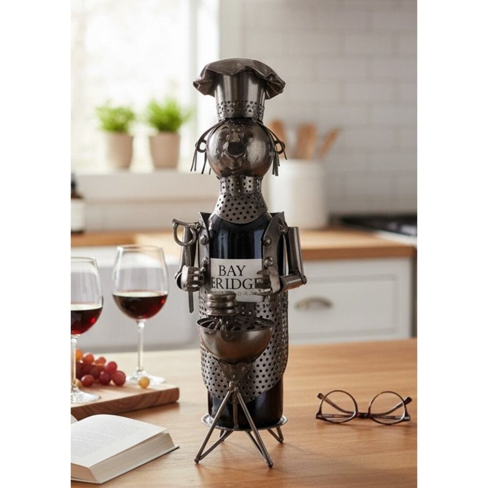 Tinman Metal BBQ Chef Wine Bottle Holder w/ Hat & Grill 12.5" Tall